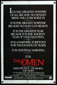 3d671 OMEN style E one-sheet poster '76 Gregory Peck, Lee Remick, Satanic horror, it's frightening!
