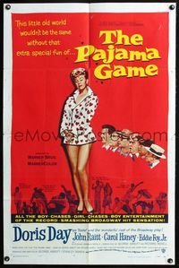 3d690 PAJAMA GAME one-sheet movie poster '57 sexy full-length image of Doris Day, who chases boys!
