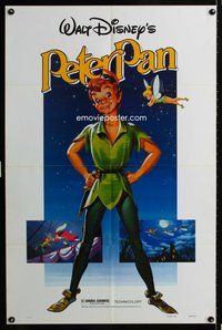 3d715 PETER PAN one-sheet R82 Walt Disney animated cartoon fantasy classic, great full-length art!
