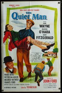 3d740 QUIET MAN style A one-sheet R57 great image of John Wayne carrying Maureen O'Hara, John Ford
