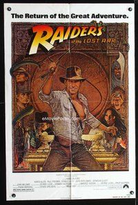 3d750 RAIDERS OF THE LOST ARK one-sheet poster R82 great artwork of Harrison Ford by Richard Amsel!