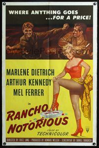 3d752 RANCHO NOTORIOUS one-sheet poster '52 stone litho art of sexy Marlene Dietrich, Fritz Lang