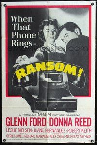 3d753 RANSOM one-sheet '56 great image of Glenn Ford & Donna Reed waiting for call from kidnapper!