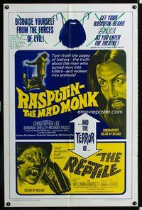 3d754 RASPUTIN THE MAD MONK/REPTILE one-sheet poster '66 wacky double-bill, free Rasputin beards!