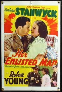 3d760 RED SALUTE one-sheet R41 Barbara Stanwyck & Robert Young romantic close up, Her Enlisted Man!