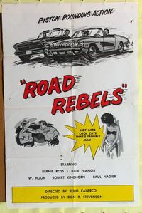 3d780 ROAD REBELS one-sheet '68 piston pounding action, hot cars, cool cats, that's trouble man!