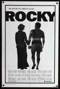 3d783 ROCKY style A one-sheet '77 boxer Sylvester Stallone holding hands with Talia Shire, classic!