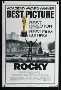 3d784 ROCKY style B AA one-sheet '77 boxer Sylvester Stallone at top of Philadelphia Art Museum!