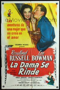 3d830 SHE WOULDN'T SAY YES Spanish/U.S. one-sheet poster '45 Lee Bowman whispers to Rosalind Russell!
