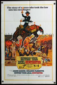 3d892 SUPPORT YOUR LOCAL GUNFIGHTER one-sheet poster '71 wacky art of James Garner riding a horse!