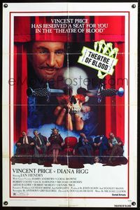 3d911 THEATRE OF BLOOD one-sheet movie poster '73 great image of Vincent Price holding bloody skull!