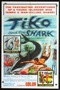 3d923 TIKO & THE SHARK one-sheet '63 Italian/French production, cool swimming with shark image!