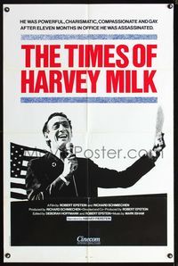 3d924 TIMES OF HARVEY MILK 1sh '84 he was powerful, charismatic, compassionate, gay & assassinated!