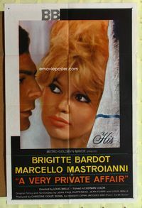 3d957 VERY PRIVATE AFFAIR one-sheet poster '62 Vie Privee, great image of sexiest Brigitte Bardot!