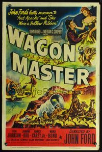 3d960 WAGON MASTER style A signed one-sheet '50 by Harry Carey Jr. & Ben Johnson, wild west art!