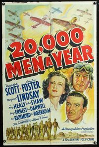 3e008 20,000 MEN A YEAR one-sheet '39 Randolph Scott, Preston Foster, cool art of airplane squadron!