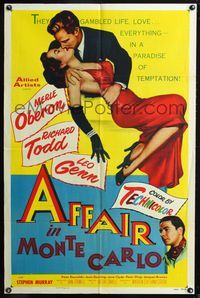 3e017 AFFAIR IN MONTE CARLO style A one-sheet poster '53 sexy Merle Oberon embraced by Richard Todd!