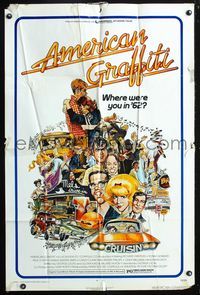 3e023 AMERICAN GRAFFITI one-sheet '73 George Lucas teen classic, Ron Howard, cool art of cast!