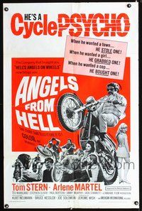 3e027 ANGELS FROM HELL one-sheet movie poster '68 AIP, really cool image of motorcycle-psycho biker!