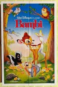 3e051 BAMBI one-sheet movie poster R88 Walt Disney cartoon classic, great image of forest animals!