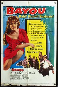 3e061 BAYOU one-sheet movie poster '57 Louisiana Cajun sex, Peter Graves, Bold! Brutal! Barbaric!