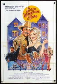 3e068 BEST LITTLE WHOREHOUSE IN TEXAS one-sheet '82 art of Burt Reynolds & Dolly Parton by Gouzee!