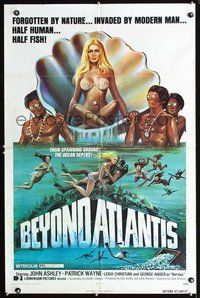 3e070 BEYOND ATLANTIS one-sheet '73 great art of super sexy girl in clam with bug-eyed natives!
