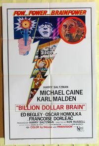 3e076 BILLION DOLLAR BRAIN one-sheet '67 Michael Caine, Karl Malden, Ken Russell, Caine vs. Brain!
