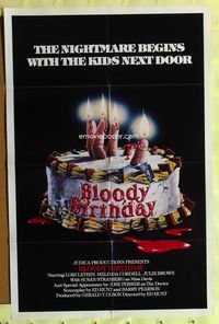 3e084 BLOODY BIRTHDAY int'l 1sh '81 weird gruesome hand-in-birthday-cake artwork!