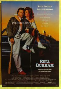 3e097 BULL DURHAM one-sheet '88 great image of baseball player Kevin Costner & sexy Susan Sarandon!