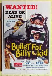 3e098 BULLET FOR BILLY THE KID one-sheet movie poster '63 Gaston Sands is wanted dead or alive!
