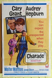 3e114 CHARADE one-sheet movie poster '63 cool image of tough Cary Grant & sexy Audrey Hepburn!