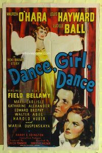 3e146 DANCE GIRL DANCE 1sheet '40 art of Lucille Ball in fur coat + Louis Hayward & Maureen O'Hara!