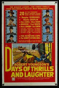 3e159 DAYS OF THRILLS & LAUGHTER 1sh '61 Charlie Chaplin, Laurel & Hardy, cool train chase artwork!