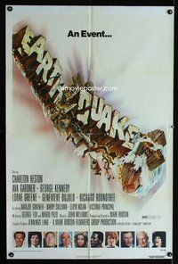 3e198 EARTHQUAKE one-sheet '74 Charlton Heston, Ava Gardner, cool Joseph Smith disaster title art!