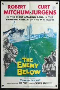 3e211 ENEMY BELOW one-sheet movie poster '58 Robert Mitchum, Curt Jurgens, cool naval battle art!