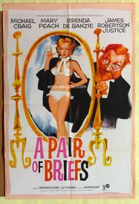 3e528 PAIR OF BRIEFS English one-sheet '62 James Robertson Justice, sexy Mary Peach mirror artwork!