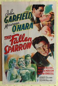 3e220 FALLEN SPARROW one-sheet '43 artwork of John Garfield in tuxedo romancing Maureen O'Hara!