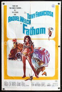 3e225 FATHOM one-sheet '67 artwork of sexy Raquel Welch in scuba gear & various action scenes!
