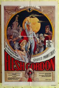 3e237 FLESH GORDON one-sheet '74 sexy sci-fi spoof, wacky erotic super hero art by George Barr!