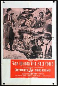 3e243 FOR WHOM THE BELL TOLLS one-sheet poster R60s romantic art of Gary Cooper & Ingrid Bergman!