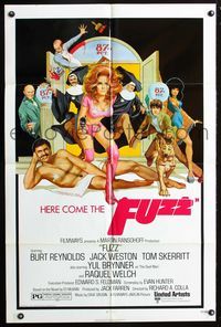 3e259 FUZZ one-sheet movie poster '72 wacky art of naked Burt Reynolds & sexiest cop Raquel Welch!