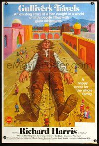 3e291 GULLIVER'S TRAVELS one-sheet poster '77 Richard Harris, cool artwork of tied down Gulliver!