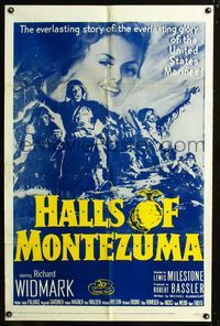 3e296 HALLS OF MONTEZUMA one-sheet movie poster R56 Richard Widmark, cool WWII U.S. Marines art!