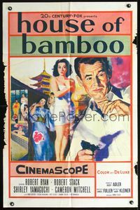3e324 HOUSE OF BAMBOO one-sheet poster '55 Sam Fuller, Robert Ryan, Robert Stack, Shirley Yamaguchi