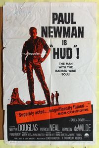 3e326 HUD one-sheet '63 Paul Newman is the man with the barbed wire soul, Martin Ritt classic!