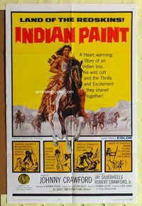 3e341 INDIAN PAINT 1sh '65 Johnny Crawford, Jay Silverheels, great art of Native American on horse!