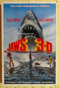 3e354 JAWS 3-D advance one-sheet '83 great Gary Meyer shark artwork, the third dimension is terror!