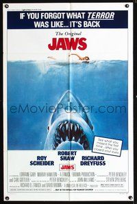 3e352 JAWS one-sheet movie poster R79 Steven Spielberg classic man-eating shark, terror is back!