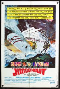 3e361 JUGGERNAUT one-sheet '74 Richard Harris, cool art of ocean liner under attack by Bob McCall!